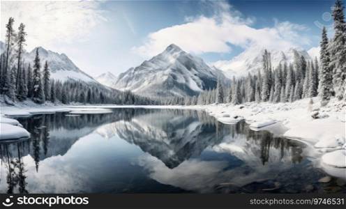 Winter landscape of snowy mountains with lake and pine trees
