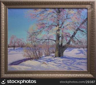 Winter landscape painting. landscape winter day outdoors. Paintings on canvas