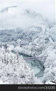 Winter landscape snow covered trees with River and Bridge