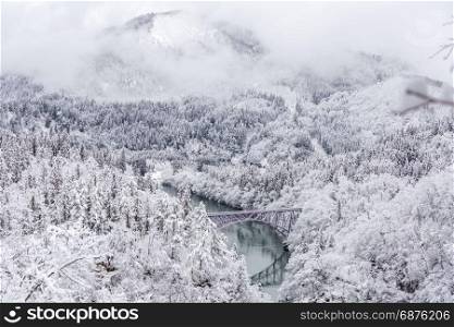 Winter landscape snow covered trees with train crossin River on Bridge