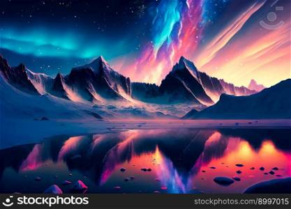 Winter landscape with aurora reflected in water.  Generative AI
