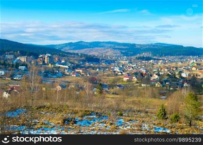 Winter landscape with Carpathians mountains village. Skhidnytsya, Ukraine