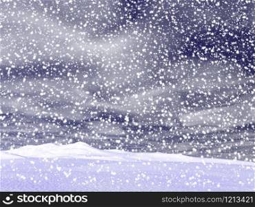 Winter landscape with falling snow covering mountains and dark sky. Winter snowing landscape - 3D render