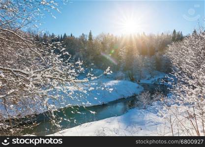 Winter landscape with forest and small river. Sky is clear, sun is shining ? nice day at winter forest.