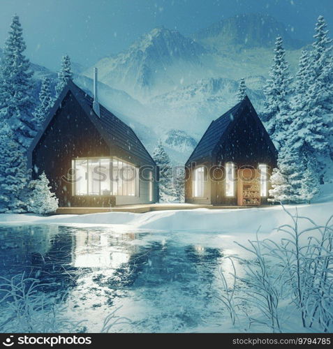 Winter landscape with glowing wooden cabin in snowy forest. Cozy houses in mountains. Winter holiday concept. 3d illustration concept. Winter landscape with glowing wooden houses