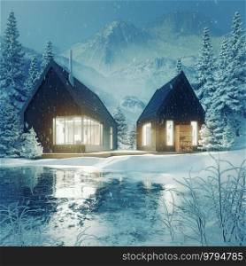 Winter landscape with glowing wooden cabin in snowy forest. Cozy houses in mountains. Winter holiday concept. 3d illustration concept. Winter landscape with glowing wooden houses