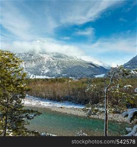 Winter landscape with mountain and river, Austria, Tirol