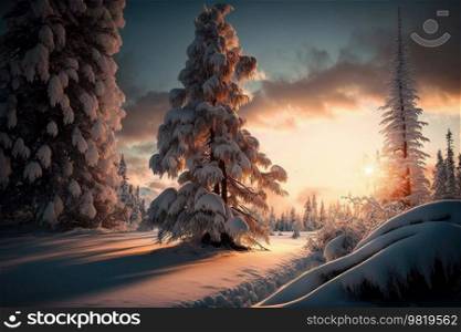 Winter landscape with pine forest. Illustration AI  Generative