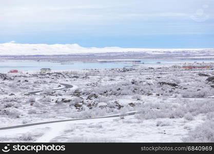 Winter landscape with snow covered trees at Dimmuborgir Lake Myvatn, Iceland