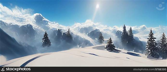 Winter landscape with snow, forest and mountines, panorama. Winter landscape with snow