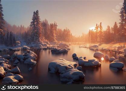 Winter landscape with snow, ice and lake. Winter landscape with snow