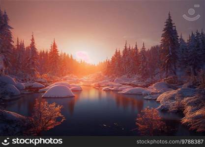 Winter landscape with snow, ice and lake. Winter landscape with snow