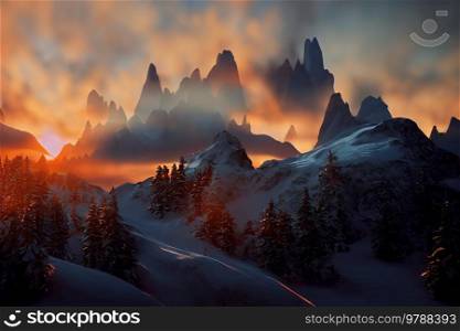 Winter landscape with snow, sunset in mountines. Winter landscape with snow