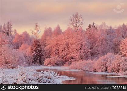 Winter landscape with sunrise pink snow, ice and lake. Winter landscape with snow
