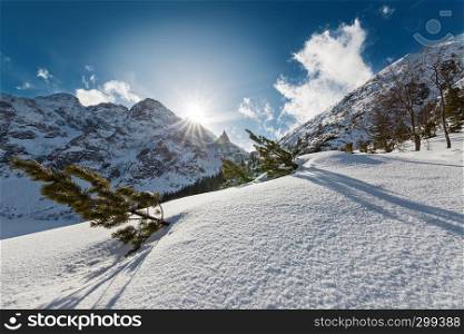 Winter landscape with Tatra Mountains taken at Lake Morskie Oko (Tatra National Park), Poland.