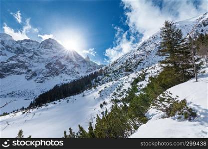 Winter landscape with Tatra Mountains taken at Lake Morskie Oko (Tatra National Park), Poland.