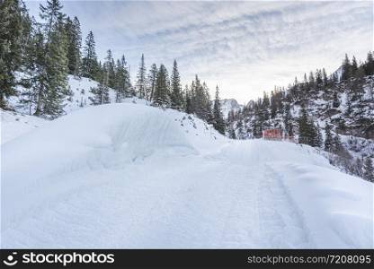 Winter landscape with the snowy pine trees and the big snowdrifts on the side of a mountain road. Alpine scenery in the nearby of the Austrian village, Ehrwald