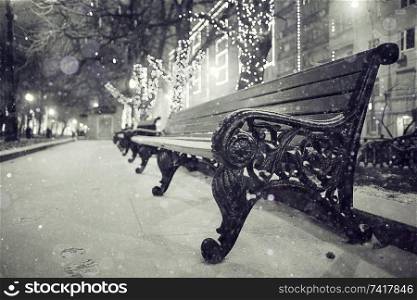 winter landscape with views of the city bench snowfall recreation concept