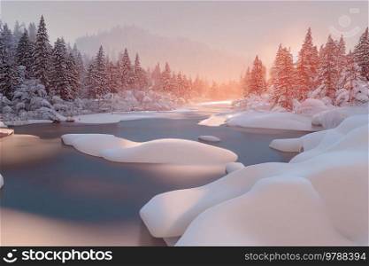 Winter landscape with white snow, ice and lake. Winter landscape with snow