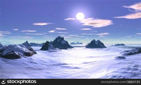 Winter. Low rocks and hills are among the snow. In the blue sky, white clouds. Bright sun is moving rapidly toward the horizon and becomes pink. The camera is fast approaching the halfway departed sun over the horizon.