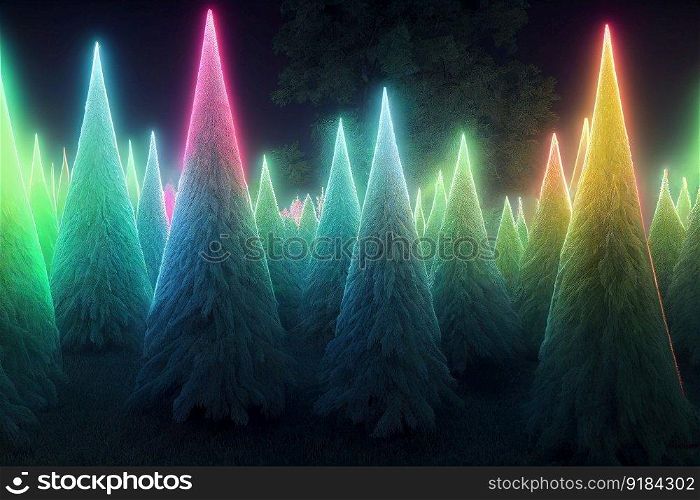 Winter magic wonderland. Neon geometric Christmas trees illuminated in snowy forest. Starry night. Neural network generated art. Digitally generated image. Copy space. Winter magic wonderland with neon Christmas trees. Ai generated art