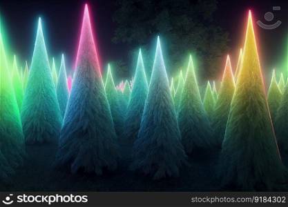 Winter magic wonderland. Neon geometric Christmas trees illuminated in snowy forest. Starry night. Neural network generated art. Digitally generated image. Copy space. Winter magic wonderland with neon Christmas trees. Ai generated art