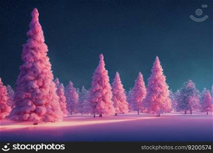 Winter magic wonderland. Pink Christmas trees illuminated in snowy forest. Starry night. Copy space. 3D illustration. Winter magic wonderland with pink Christmas trees. 3D illustration