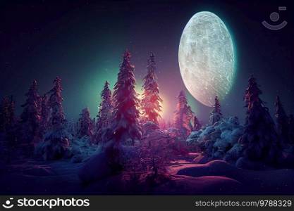 Winter magical forest background with huge moon. Winter magical forest background