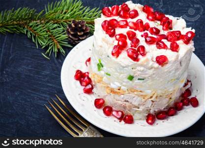 winter meat salad. winter salad with chicken meat and vegetables, decorated with pomegranate seeds