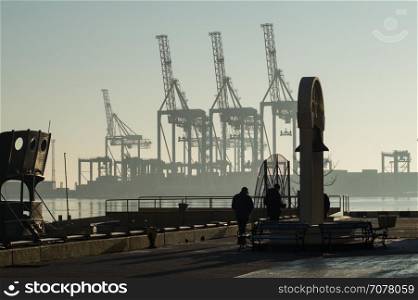 Winter Morning at the Cargo Port. Container cranes.. Winter Morning at the Cargo Port