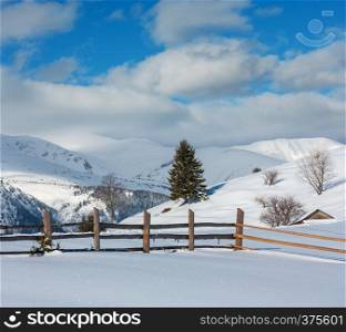 Winter morning scenery picturesque mountain hill top with farmstead snow covered (Ukraine, Carpathian Mountains, tranquility peaceful Dzembronya village rural outskirts)