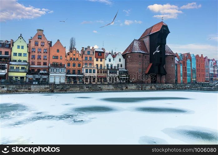 Winter Motlawa and Zuraw Port Crane in Gdansk, Poland.. Winter Motlawa and Zuraw Port Crane, Gdansk, Poland