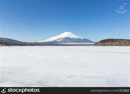 Winter Mount Fuji at Iced Yamanaka Lake in snow winter season Japan