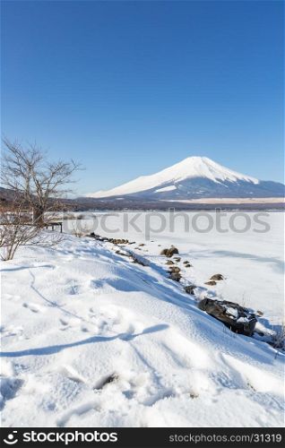 Winter Mount Fuji at Iced Yamanaka Lake in snow winter season Japan