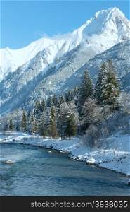 Winter mountain and Lech river view (Austria, Tirol, Haselgehr village outskirts)