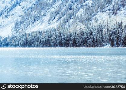 Winter mountain lake with snow-covered pine trees on the shore. Frosty weather, fog over the winter lake, a sharp decrease in temperature. A number of snow-covered trees on the river.