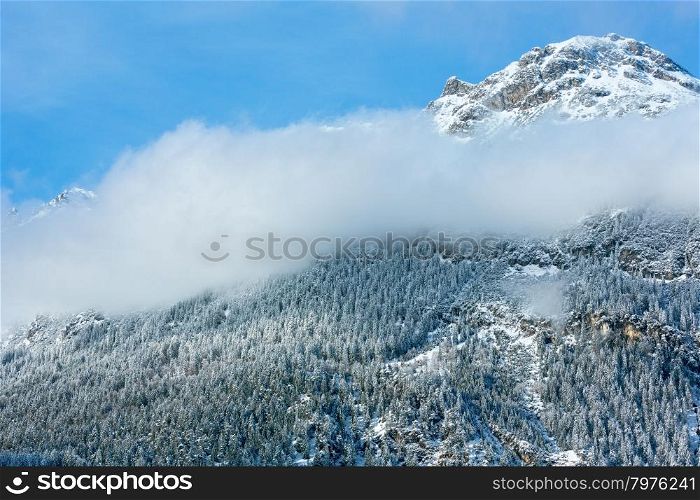 Winter mountain landscape with fir forest on slope and cloud (Austria, Tirol)