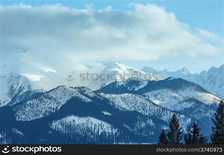 Winter mountain landscape with fir forest on slope (Slovakia, High Tatras).