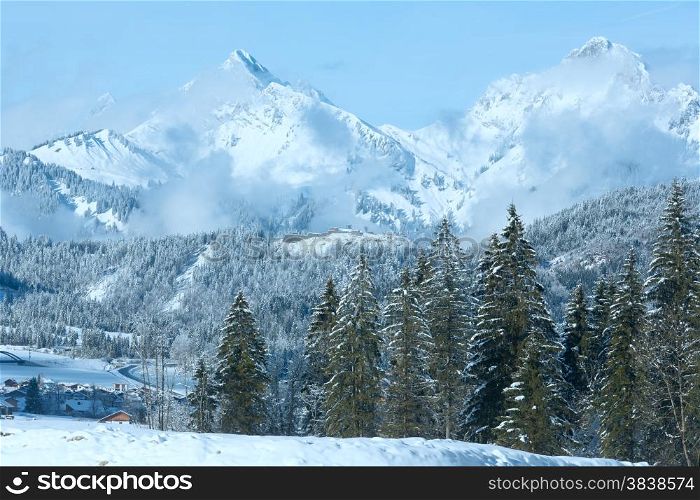 Winter mountain landscape with fir trees (Heiterwang village outskirts, Austria, Tirol)
