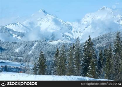Winter mountain landscape with fir trees (Heiterwang village outskirts, Austria, Tirol)