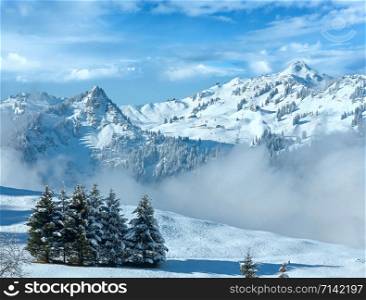 Winter mountain landscape with low-hanging clouds on slope, Austria, Bavaria