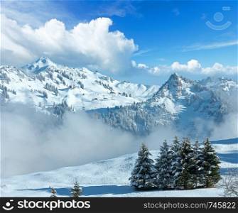 Winter mountain landscape with low-hanging clouds on slope, Austria, Bavaria