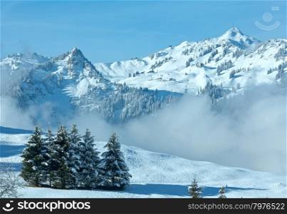 Winter mountain landscape with low-hanging clouds on slope (Austria, Bavaria).