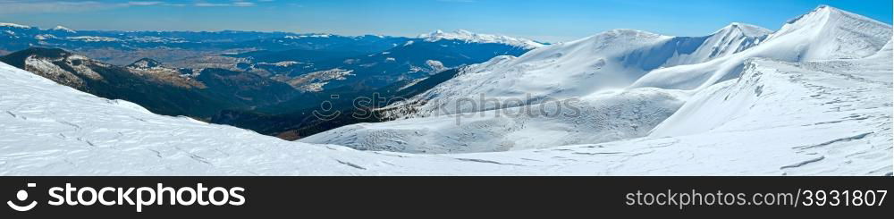 Winter mountain panorama view (Ukraine, Carpathian Mt&rsquo;s, Svydovets Range, Blyznycja Mount).