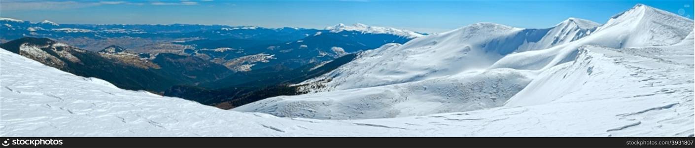 Winter mountain panorama view (Ukraine, Carpathian Mt&rsquo;s, Svydovets Range, Blyznycja Mount).
