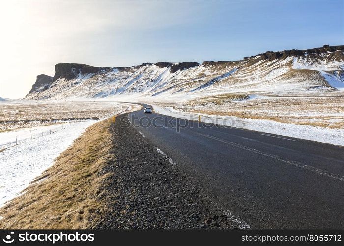 Winter Mountain range road in a sunny day at Vik, Southern of Iceland