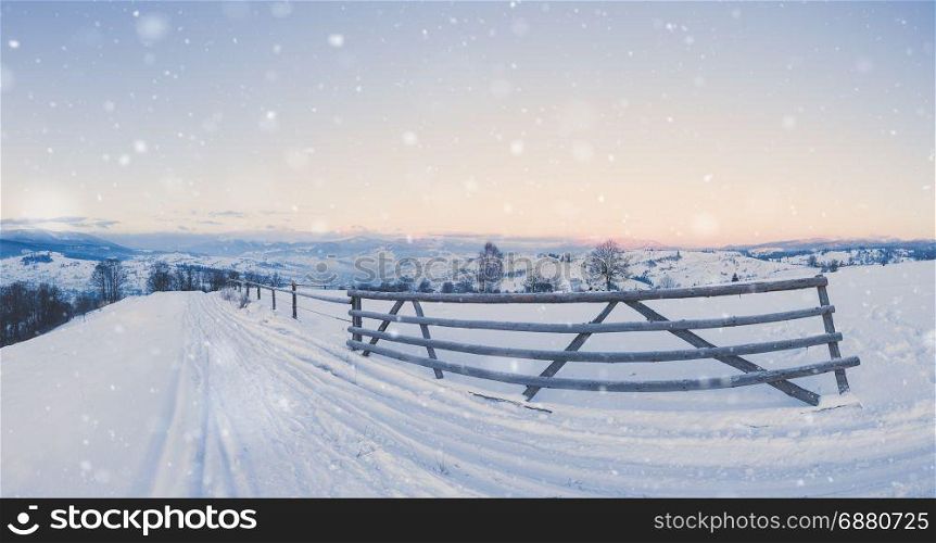 Winter mountain snowy rural landscape