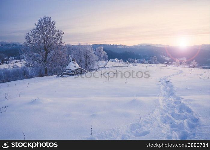 Winter mountain snowy rural sunrise landscape