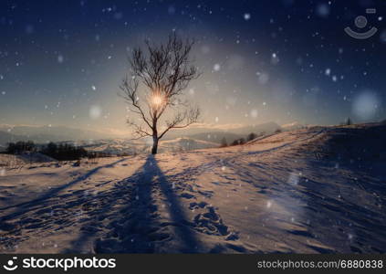 Winter mountain snowy rural sunrise landscape