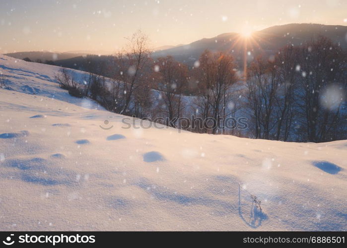 Winter mountain snowy rural sunrise landscape